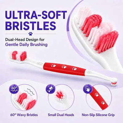 Dog Toothbrush, Dual-Head, for Medium-Large Dogs,Red | Soft Bristles for Gentle Cleaning, 60° Curved Bristles for Better Coverage, Comfortable for Sensitive Gums