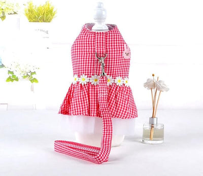 Small Dog Dress with Leash Set Adjustable Dog Harness Dress with D Ring Breathable Walk Doggie Outfits for Puppy Girl and Cat (S,Pink)