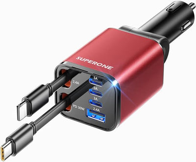 [Upgraded] 6 in 1 Retractable Car Charger, SUPERONE Smaller Fast Car Phone Charger 69W with Cord, USB C and iPhone Car Charger Adapter, Compatible iPhone 17/17 Pro Max/16/15/14/13/12/11, Sumsung