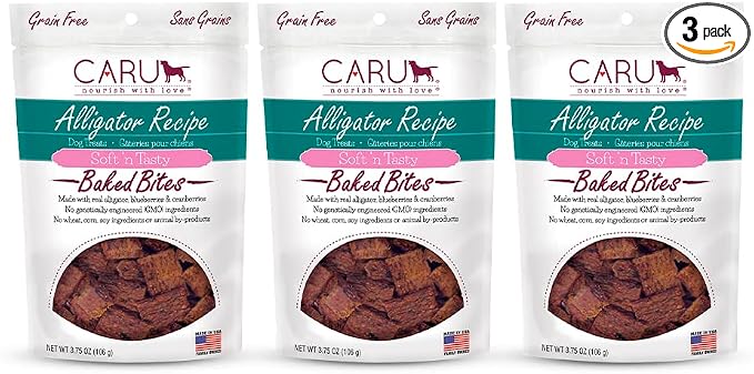 Caru - Soft n’ Tasty Baked Bites - Alligator Bites Dog Treats - Flavorful Training Treats - 3.75 oz Bags - Pack of 3