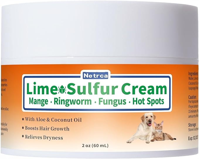 Lime Sulfur Cream, Mange Treatment Dogs, Ringworm Treatment for Cats & Dogs, Soothes Itchy, Dry, Inflamed Skin, Promotes Hair Regrowth, Low Odor, No Rinse Needed, 2oz