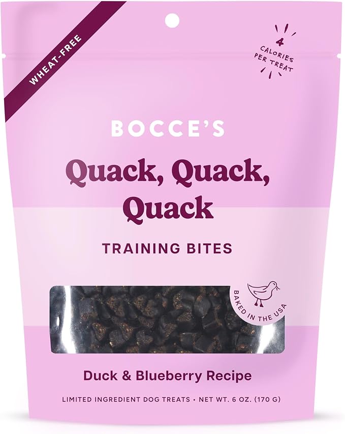 Bocce's Bakery Quack, Quack, Quack Training Treats for Dogs, Wheat-Free Dog Treats, Made with Real Ingredients, Baked in The USA, Natural & Low Calorie Training Bites, Duck & Blueberry, 6 oz