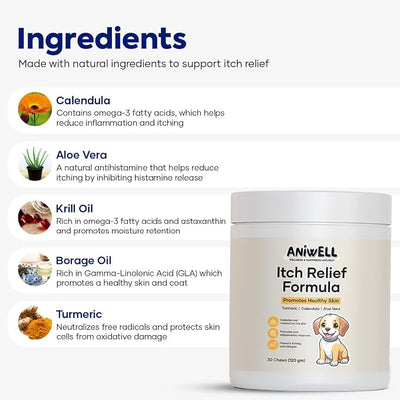 Itch Relief Chews for Dogs – Anti Itch Dog Allergy Relief | Borage Oil, Omega 3, Vitamin E | Dog Itching Skin Relief, Hot Spot Treatment, Seasonal Allergy Supplement | Soft Chews