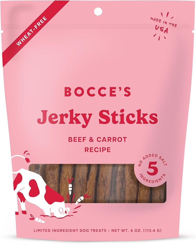 Bocce's Bakery Jerky Stick Dog Treats, Wheat-Free, Made with Limited-Ingredients, Baked in The USA with No Added Salt or Sugar, Natural & High-Protein, Beef & Carrot Recipe, 4 oz