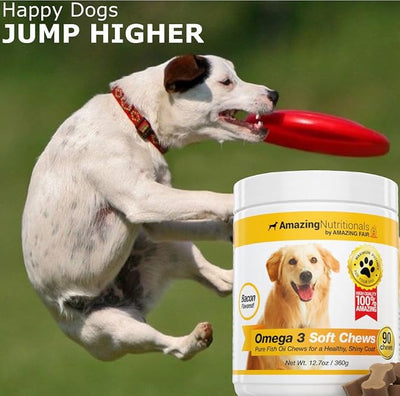 Amazing Omega 3 for Dogs - Fish Oil for Dogs Supplement 90 Bacon Soft Chews - Itchy Skin, Dry Skin, Shedding & Coat Support - Omega Fatty Acids EPA DHA - Made in USA