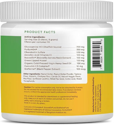 Infinite Pet Life Ultimate Hip & Joint Chews for Dogs – Peanut Butter Flavor – Glucosamine, Chondroitin, MSM & Turmeric – Advanced Joint Support for Dogs 90 Soft Chews