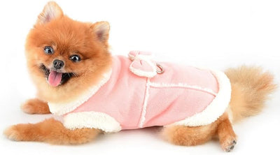 SMALLLEE_LUCKY_STORE Fleece Dog Coat for Small Dog Pet Harness Jacket with Bow and D-Ring, Soft Vest Fall Winter Clothes with Fuzzy Collar Chihuahua Yorkie Cat Apparel, Pink, L