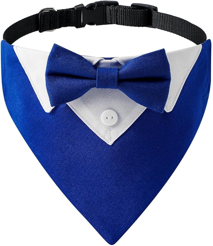 Tuxedo Dog Collar for Wedding Engagement and Birthday, Formal Dog Bandana Collar Costume with Bow Tie and Adjustable Buckle,Suitable for Small Medium Large Dog. (Blue, L)