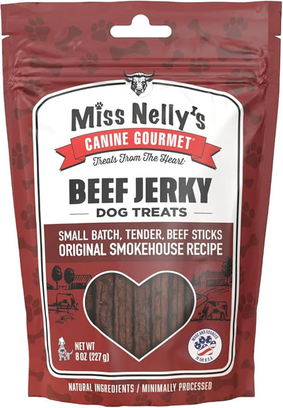 Miss Nelly's -All Natural Beef Jerky Dog Treats - Soft Sticks - USA Made and Sourced - Original Smoke House Recipe - Small Batch Beef Jerky for Dogs - Minimally Processed - 8 oz. Bag