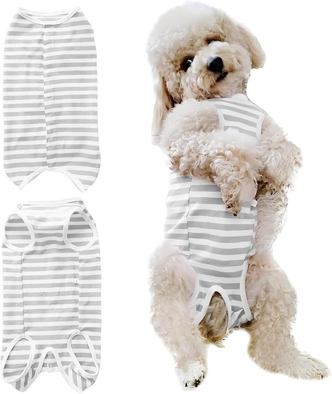 Dog's Recovery Suit Post Surgery Shirt for Puppy, Small Dog Surgical Recovery Suit for Female Male Dogs, Dog Onesie Protect Surgical Wound(Grey White Stripe-XXS)