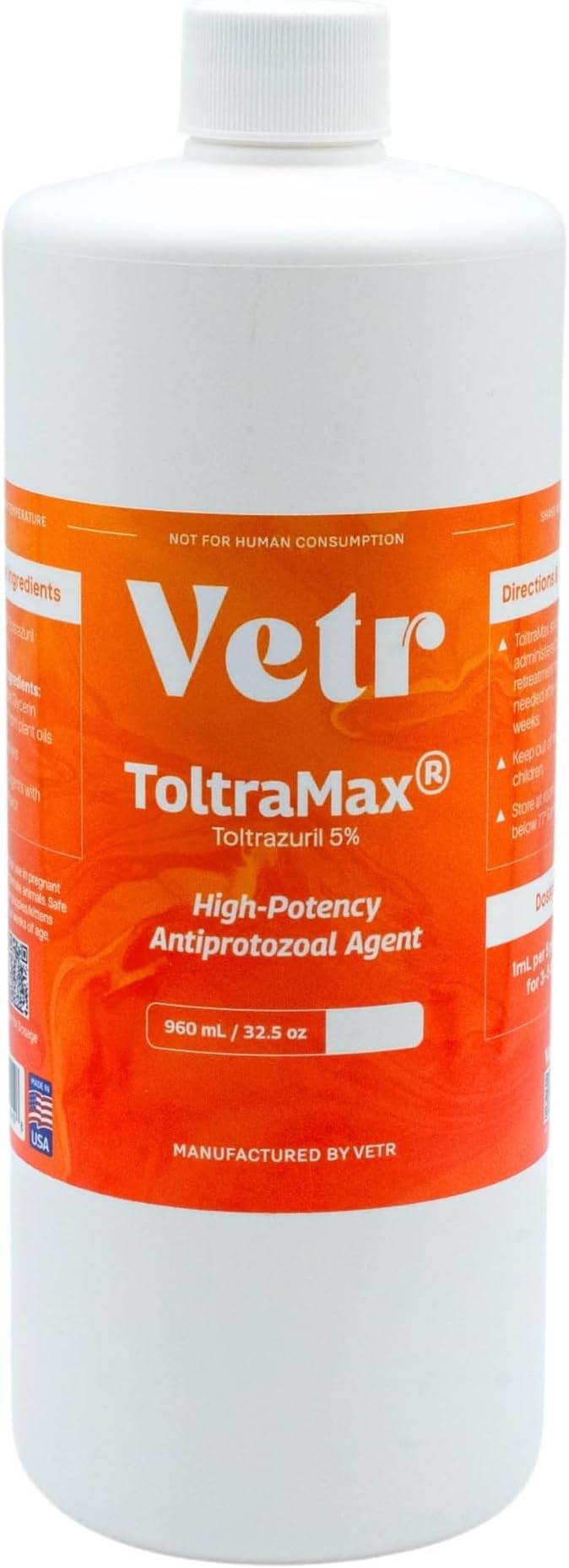 Vetr's Toltramax Toltrazuril 5% Suspension 960mL for Horses, Dogs, Cats, and Non-Food Chain Animals, Chicken Flavor