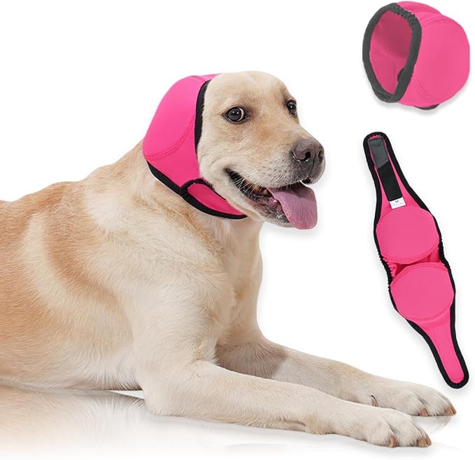 Dog Ear Covers,Dog Ear Muffs Noise Protection,No Flap Ear Wrap for Dogs Hematoma Recovery,Adjustable Calming Hoodie Shower Cap for Grooming,Bathing,Swimming & Anxiety Relief(Fuchsia,M)