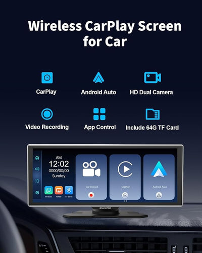 Portable Wireless CarPlay Screen for Car, Apple CarPlay & Android Auto Touch Screen Car Stereo with Bluetooth, BT Music, Navigation, Car Record for Vehicles (11.26 Inch)