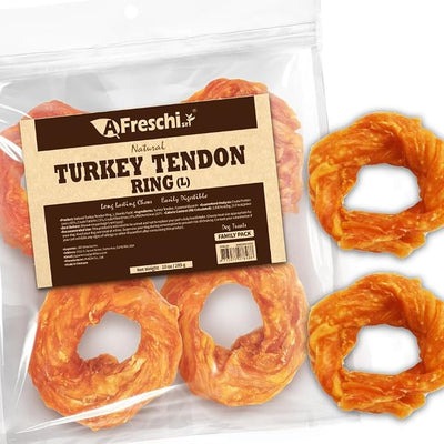 A Freschi srl Turkey Tendons for Dogs, USA-Sourced, Healthy Dog Treats, Rawhide-Free Puppy Chews, Long Lasting, All Natural, Hypoallergenic Dog Treats for Large Breeds, 10 oz Pack Ring (L)