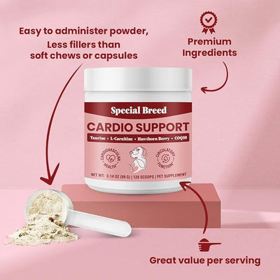 Taurine Supplement for Dogs – Heart Health & Circulation Support – Powder Formula with L-Carnitine, CoQ10 & Organic Hawthorn Berry – 120ct