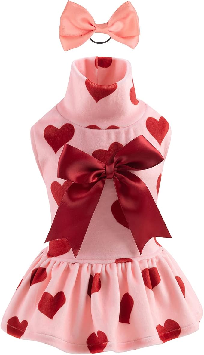 CuteBone Turtleneck Dog Velvet Dress Puppy Skirt Costume Pet Clothes Cat Apparel with Bow Hair Rope for Small Dogs CVD02L