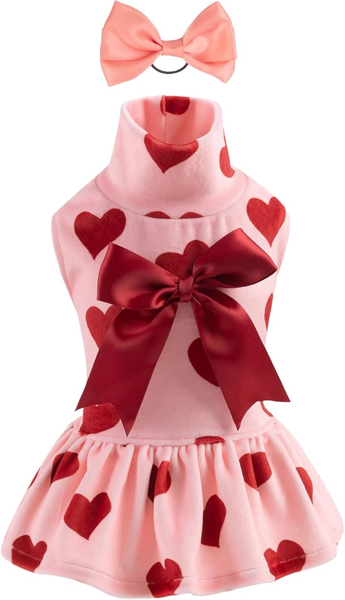 CuteBone Turtleneck Dog Velvet Dress Puppy Skirt Costume Pet Clothes Cat Apparel with Bow Hair Rope for Small Dogs CVD02S