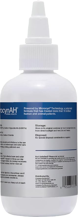 Manna Pro MicrocynAH Ear & Eye Wash for Animals, Gentle Daily Cleansing Solution for Routine Ear & Eye Care, Easy-Use Liquid Formula, 3 oz