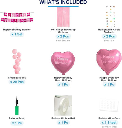 Pet Birthday Decorations Set for Girl Dog & Cat, Birthday Party Supplies with Pink Fringe Backdrop, Happy Birthday Banner & Heart Balloons, Cute Photo Props for Pet Milestone