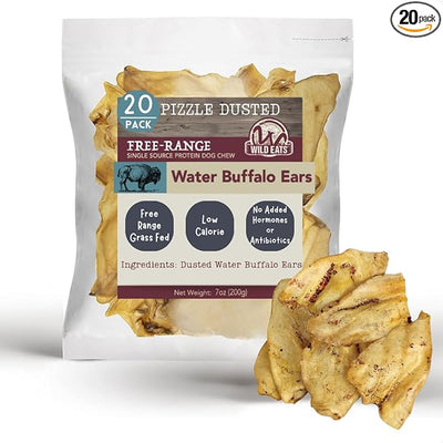 Wild Eats Water Buffalo All Natural Dusted Ear Dog Chews, Single Ingredient Treat - 20 Count (Grain Free Treats - Great Alternative to Pig Ears, Cow Ears, Bones & Rawhides for Dogs)