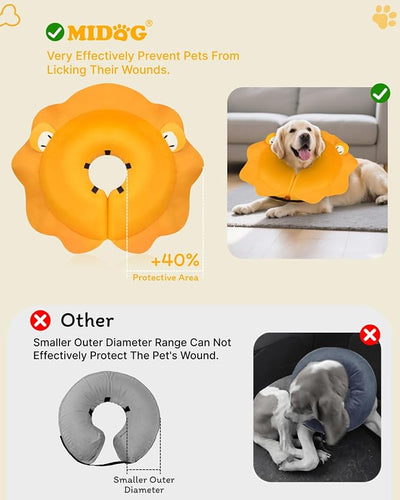 MIDOG Inflatable Dog Cone Collar, Cute Lion Mane Recovery Collar for Large Medium Dogs, Soft Blow-Up Donut Alternative After Surgery, Anti-Lick Protective Neck E-Collar (L, 15"-20")