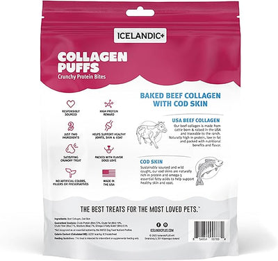 Icelandic+ Collagen Puffs: Baked Beef Collagen with Cod Skin 2.5oz - Treats for Med-Lg Dogs, Crunchy Protein Bites (Pack of 2)
