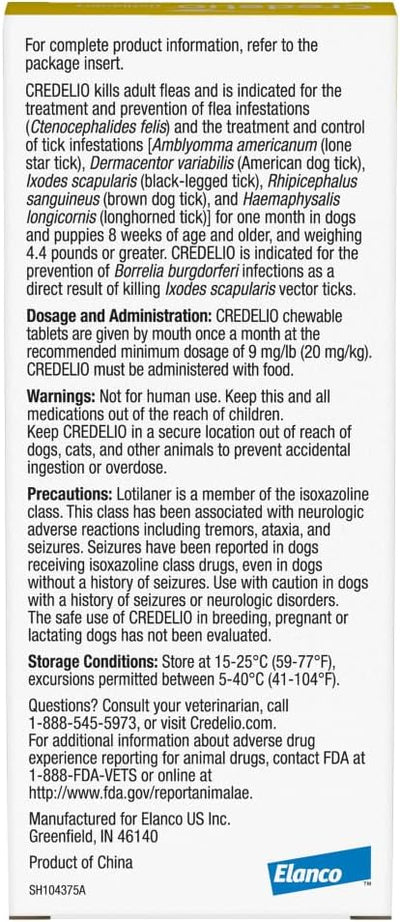 Credelio Quattro / Credelio Quattro-CA1 Dog Flea & Tick Treatment + Heartworm & Parasite Coverage, 3.3-6 lbs (1 Chewable Tablet)
