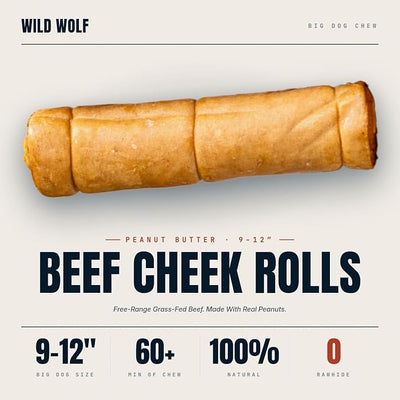 Wild Wolf 9-12" Peanut Butter Beef Collagen Cheek Rolls for Dogs (4 Pack) - 100% Natural Big Dog Chew - No Rawhide - Free-Range Grass-Fed, Packed with Protein - for Aggressive Chewers