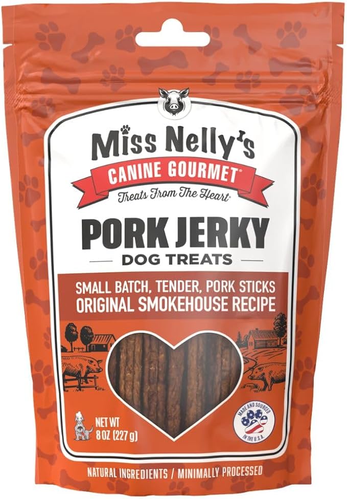 Miss Nelly's- All Natural Pork Jerky Dog Treats Made in USA Only-Original Smoke House Recipe-Minimally Processed Soft Sticks Dog Jerky Treats-8 oz. Bags
