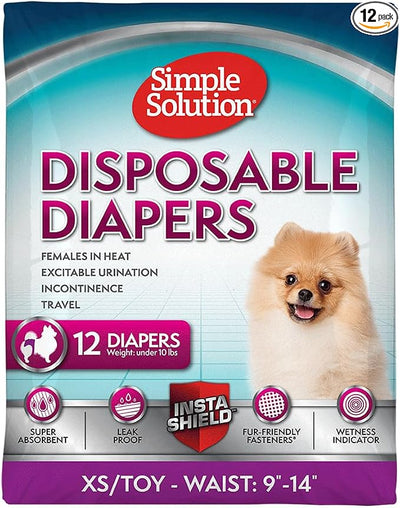 Simple Solution Disposable Dog Diapers for Female Dogs, Leak Proof Diaper for Dogs, Potty Training, XS Puppy Training, Incontinence, Diaper for Peeing, For Small Pets, 9-14 Inch Waist, (XS, 12 Count)