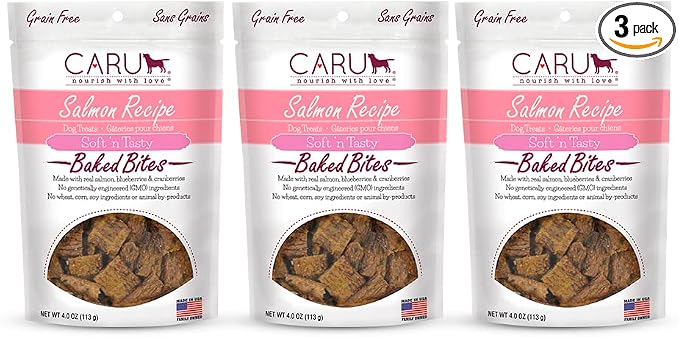 Caru Soft n' Tasty Baked Bites Salmon Bites Dog Treats for Training - Real Meat with Blueberries & Cranberries - 4 oz Bags - Pack of 3