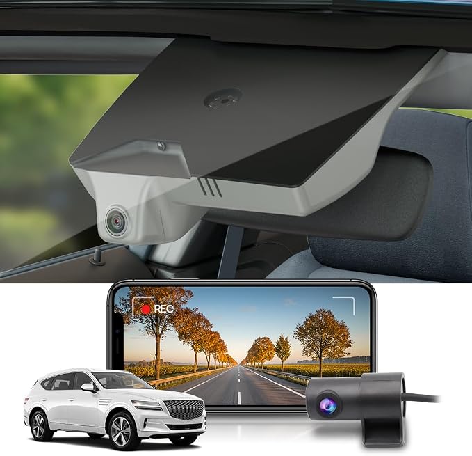Fitcamx Front 4K+Rear 1080P Dash Cam Adapts for Genesis GV80 2021-2025 (HD2-T6010, Grey Cover), OEM Factory Look, Dual HD Video, Built-in WiFi & APP, Loop Recording, G-Sensor, Easy to Set, 128GB Card