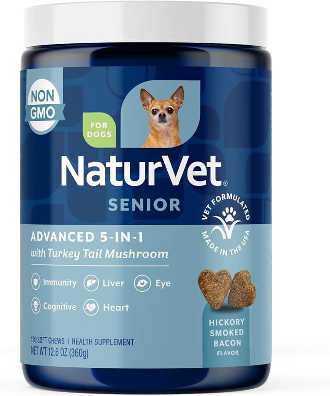 NaturVet Senior Advanced 5-in-1 Support Dog Supplement – Helps Support Immune System, Heart, Liver, Cognitive Function, Eye Health – Includes Ginkgo Biloba, Lutein – 120 Ct.