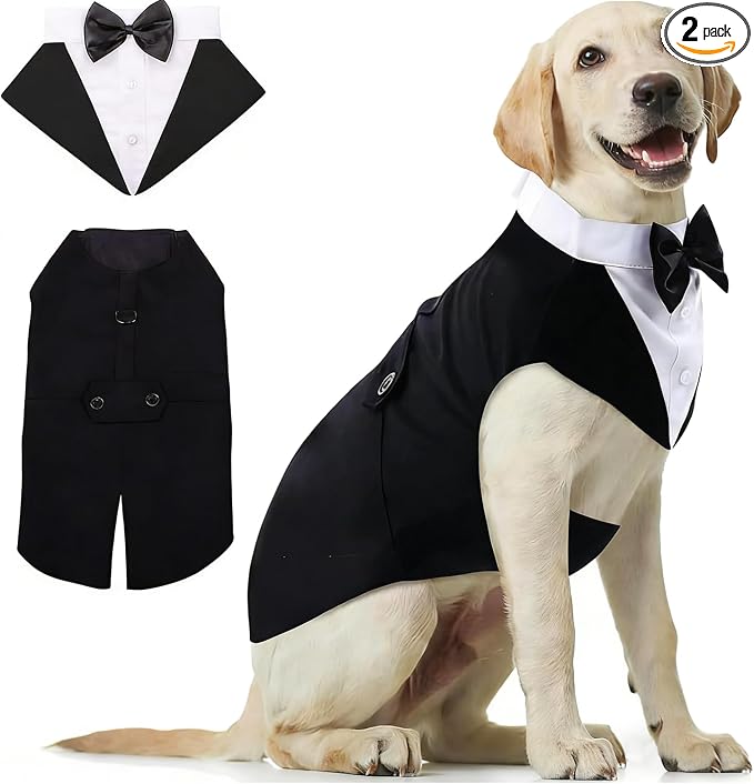 Tuxedo & Bandana Set, 2 Pack Pet Costume - Puppy Formal Party Suit, Dog Clothes - Small to Large, Wedding Attire, Golden Retriever, Samo Bulldogs (XL)