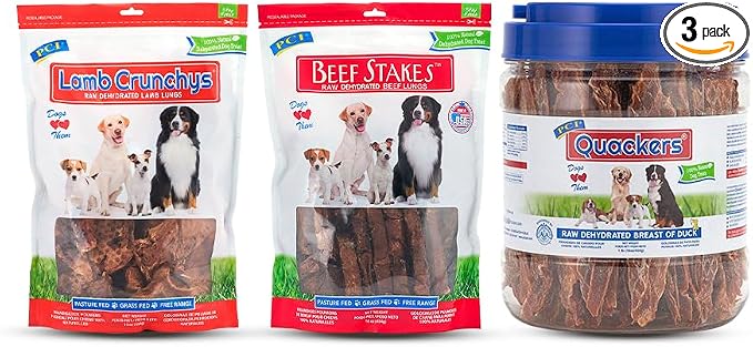 PCI Pet Center, Inc Lamb Crunchys, Beef Stakes and Duck Quackers Dog Treats Bundle