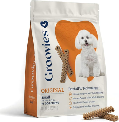 Groovies Dog Dental Treats, Flexible Yet Effective, Patented DentalFit Technology to Help Control Tartar & Freshen Breath, Small Dog Chews (5-15 lbs), USA Manufactured Oral Care, 96 Count