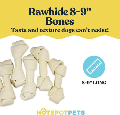 hotspot pets 8-9 Inch Large Rawhide Dog Chew Bones (10 Pack)- Made from Grass Fed Cows - Great for Dental & Oral Care for Aggressive Chewers Large Dogs