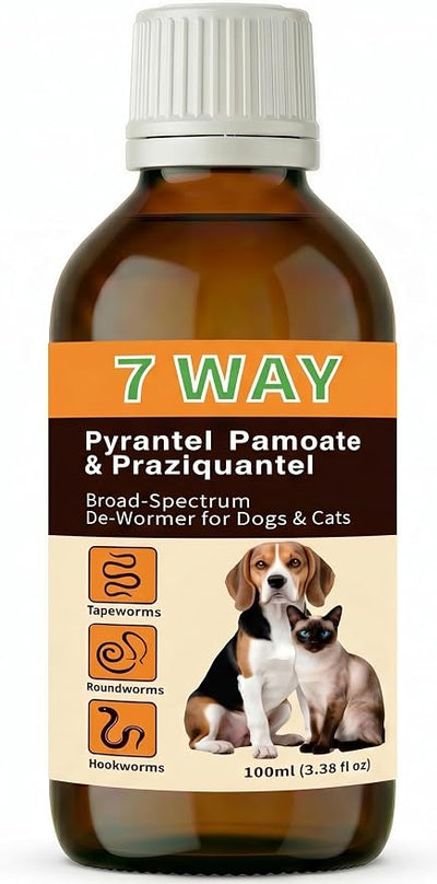 7-Way Dewormer Liquid for Dogs & Cats (Pyrantel Pamoate/Praziquantel), Digestive Health & Vitality Support, 3.38 fl oz