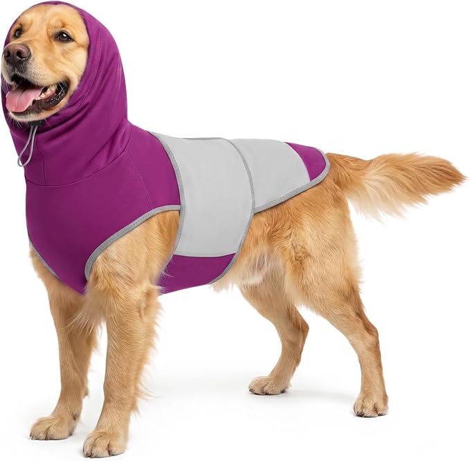 Dog Thunder Vest, Anxiety Relief Shirt with Noise-Reducing Hood, Calming Wrap, Gentle Compression Jacket for Thunder Storm, Fireworks Separation Stress, Fireworks,L, Purple