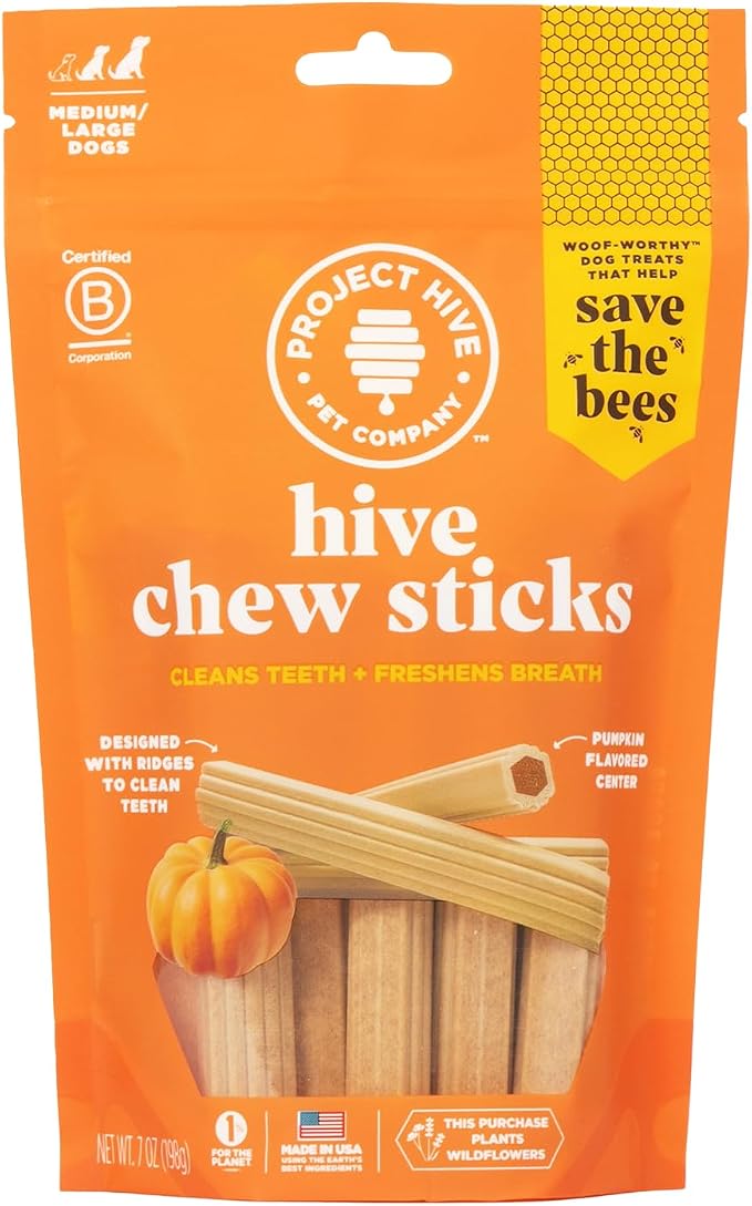 Hive Chew Sticks - Dental Treats for Dogs - Vegetarian, Made with Ground Peanuts & Honey, No Grain or Soy, Cleans Teeth & Freshens Breath (7 oz, Large Dogs - Pumpkin)