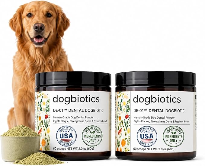 Dogbiotics DE-01 Dental Powder for Dogs – Human-Grade Oral Postbiotic, Helps Fight Plaque & Tartar, Supports Gum Health & Fresh Breath – 120 Scoops (2-Pack)