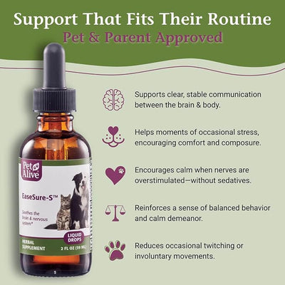 PetAlive EaseSure-S Nervous System Support for Dogs and Cats - Herbal Drops with Passion Flower, Skullcap, Ashwagandha, Wild Oat - Pet Involuntary Muscle Movements and Twitching - 2 Fl Oz