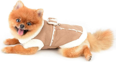 SMALLLEE_LUCKY_STORE Fleece Dog Coat for Small Dog Pet Harness Jacket with Bow and D-Ring, Soft Vest Fall Winter Clothes with Fuzzy Collar Chihuahua Yorkie Cat Apparel, Khaki, XS
