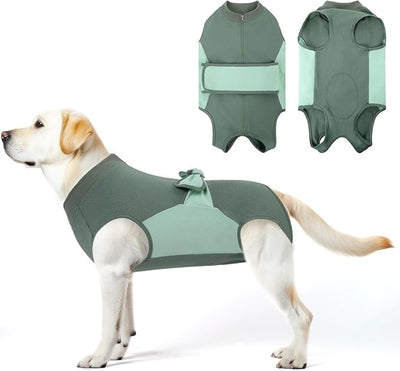SAWMONG Zipper Recovery Suit for Dogs, Cotton Dog Surgery Suit Female Spay Pet Male Breathable, Neuter Onesie Bodysuit Prevent Licking Wounds, Substitute E-Collar & Cone Cat(Green, X-Small)