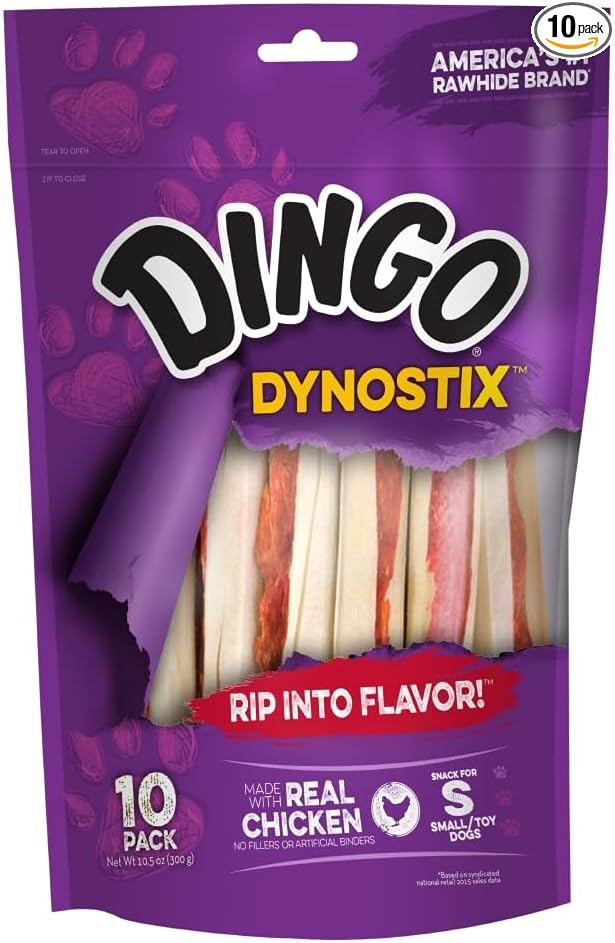 Dingo Dynostix Premium Rawhide Treats Made with Real Chicken, No Fillers or Artificial Binders, America's #1 Rawhide Brand 10-Count