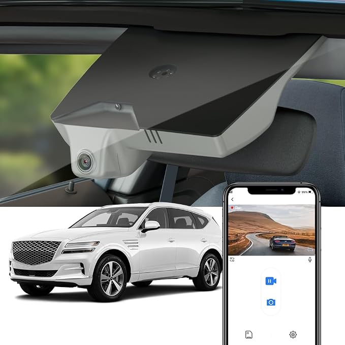 Fitcamx 4K Dash Cam Suitable for Genesis GV80 2021-2025 (HD2-T6010/Black Cover), OEM Factory Look, 2160P UHD Video, Built-in WiFi & APP, Loop Recording, Gravity Sensor, Plug & Play, 64GB Card