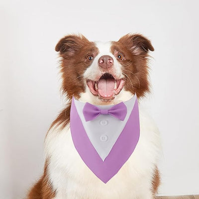 Dog Tuxedo Collar for Wedding Engagement and Birthday, Formal BandanaTux Suit Costume with Bow Tie and Adjustable Buckle,Suitable for X-Large Pup (Purple, XL)