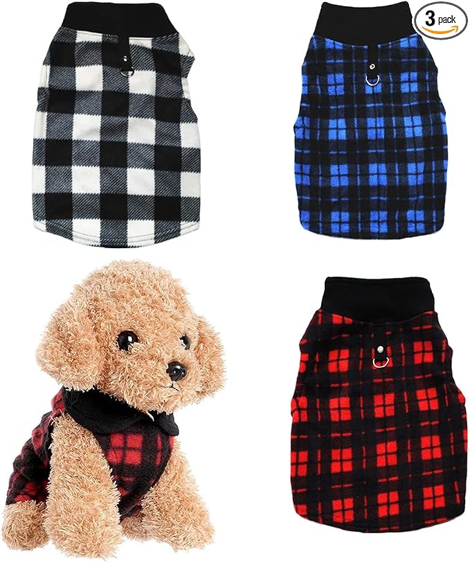 Dog Sweater 3 Pcs, Soft Fleece Vest with Leash Ring Pullover Jacket Winter Pet Dog Clothes for Puppy Small Dogs Cats Teddy Chihuahua Yorkshire£¨Plaid,L