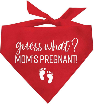 Guess What? Mom's Pregnant Dog Bandana | 100% Cotton Adjustable Triangle | Made in USA | New Baby | Pregnancy Announcement Photoshoot Prop | Gender Reveal | Red One Size (216)