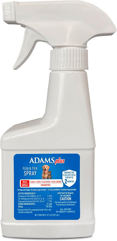 ADAMS Plus Flea and Tick Spray for Dogs & Cats, Kills Fleas and Ticks, Repels Mosquitoes, Prevents Infestations up to 2 Months, Treatment for Dogs, Cats, Puppies & Kittens, 8 Fl Oz